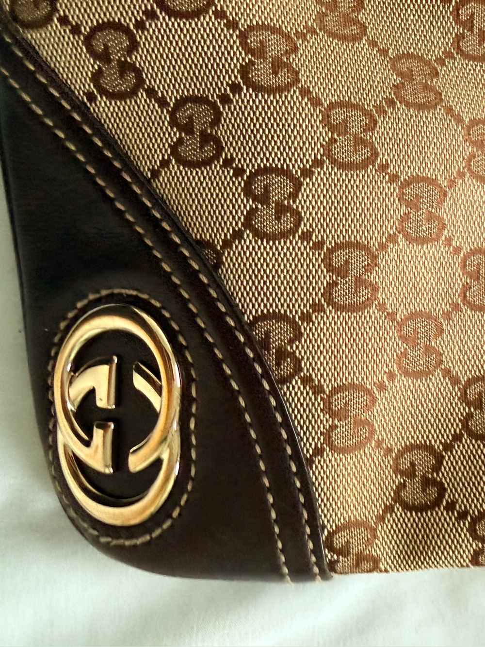 Gucci Beige and Brown Monogram Canvas Shoulder Bag with Gold Hardware